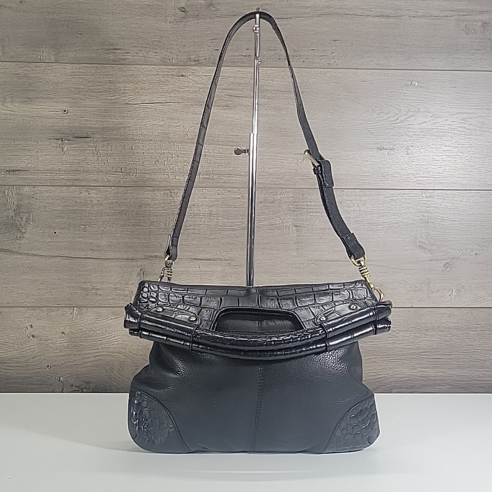 Michel Rome Designs Black Leather Foldable Crossbody Shoulder Bag
